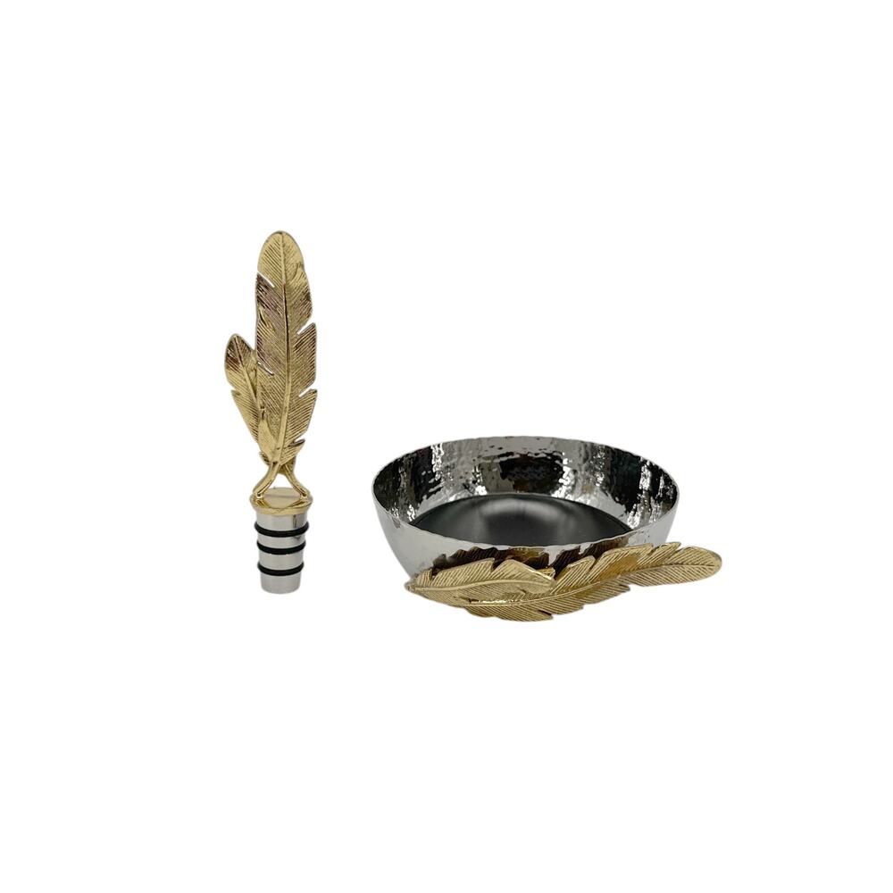 MICHAEL ARAM Gold Feather Coaster & Wine Stopper Set